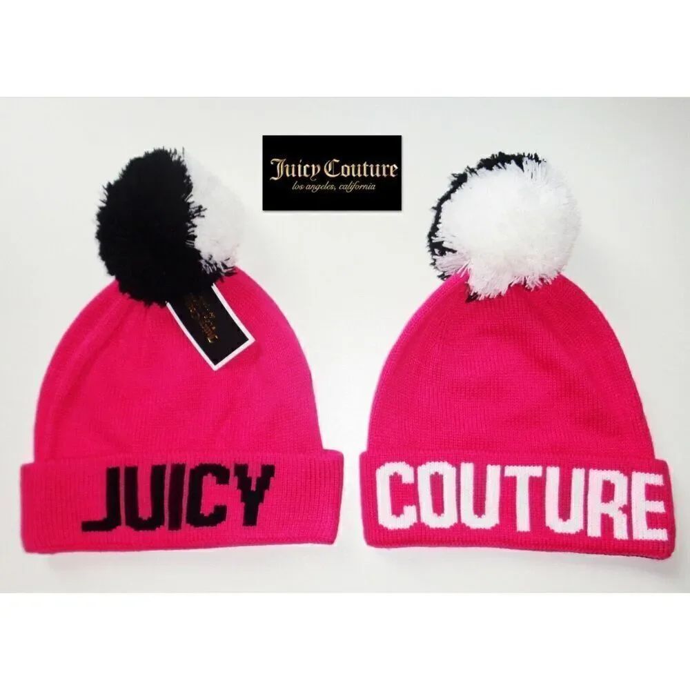 NWT Juicy Couture Black Label RARE!! Gorgeous Pink & Black Pom Pom Logo Beanie